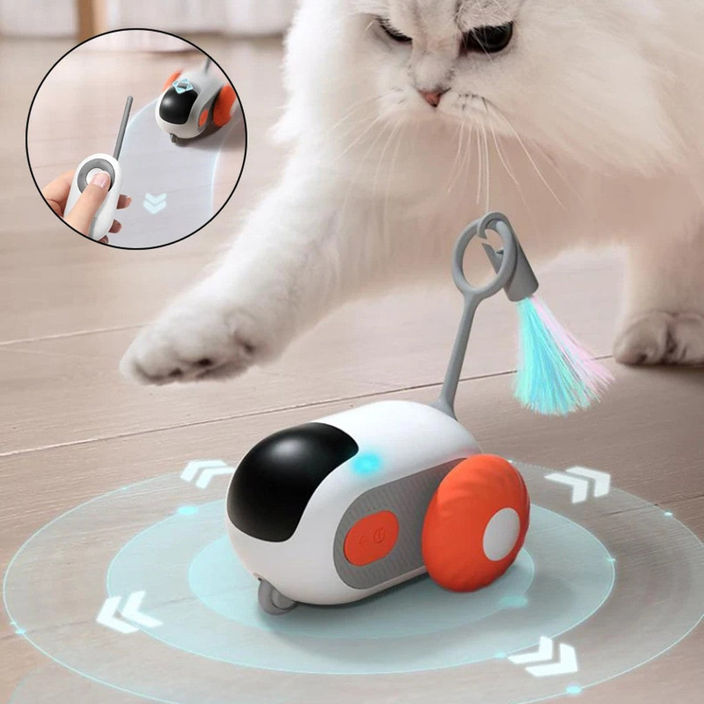 White cat reaching a paw out to catch the Pouncebot feather wand