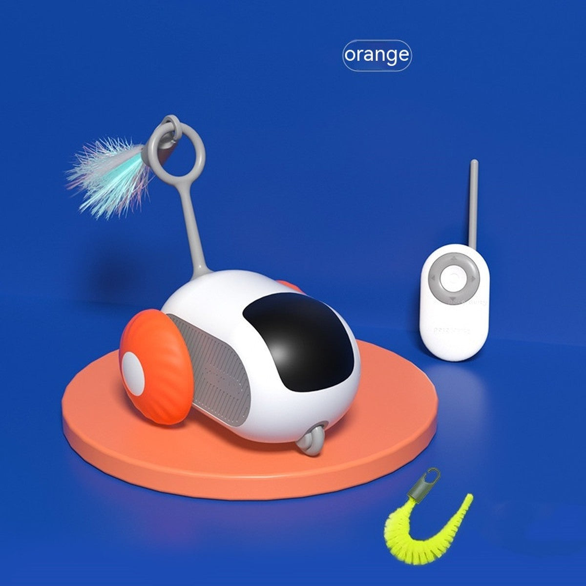 Pouncebot cat toy in orange with its remote control