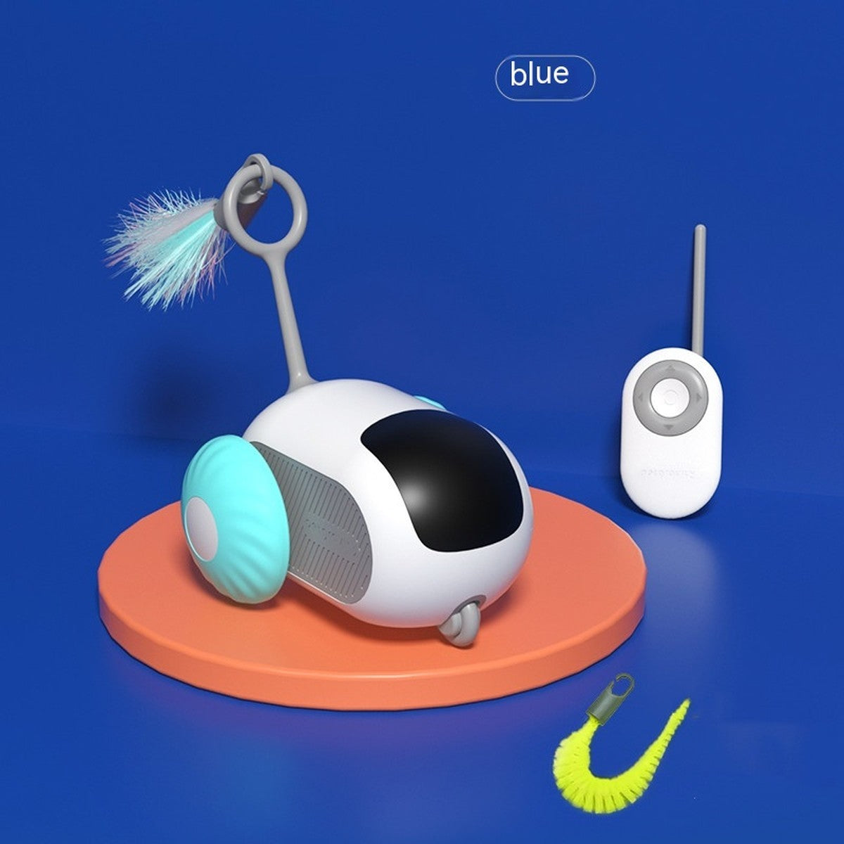 Pouncebot cat toy in blue with its remote control