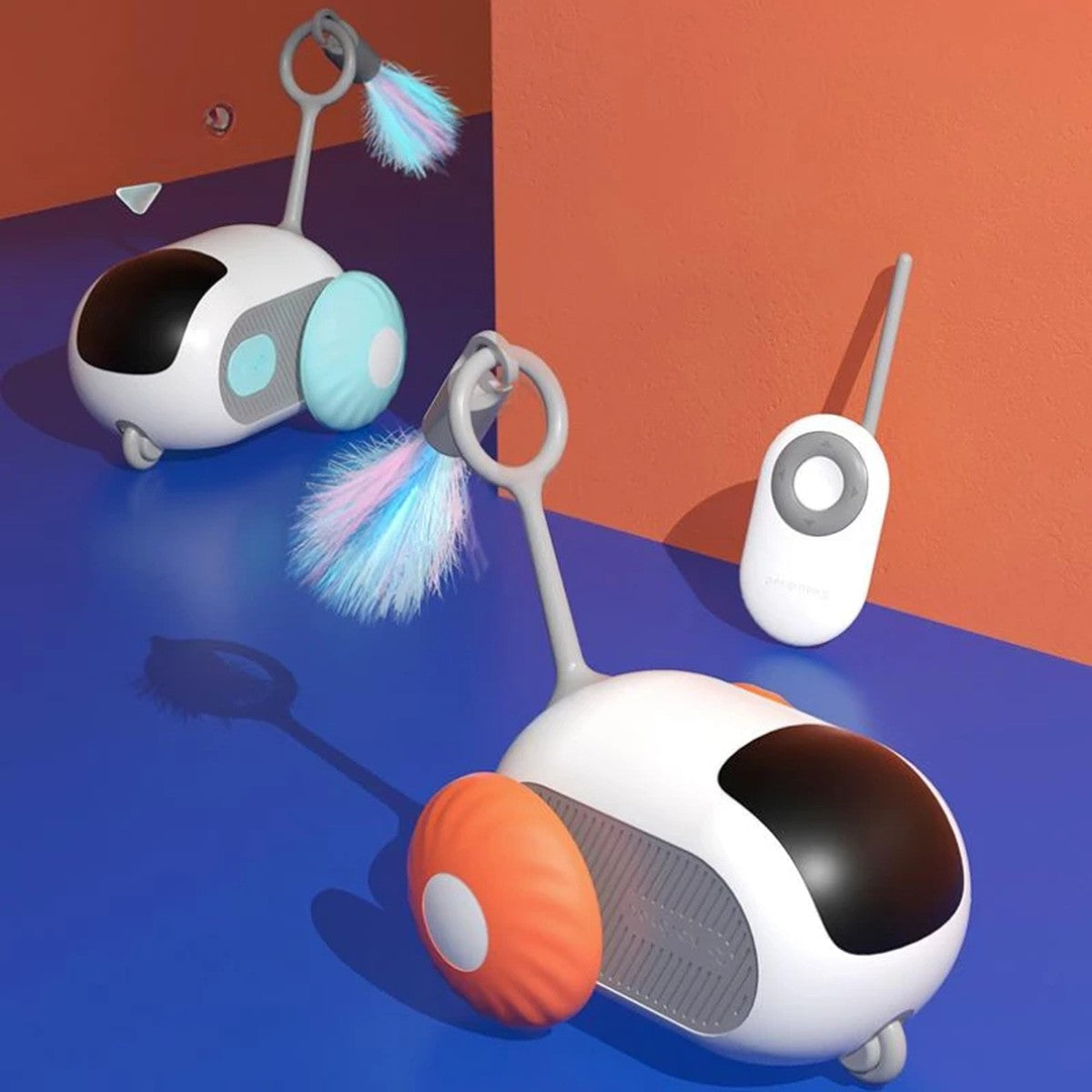 Pouncebot chase car and remote in a living room setting